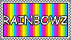 A stamp of with scrolling rainbow stripes and the text 'rainbowz'